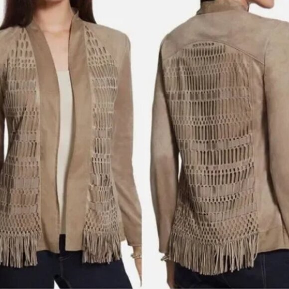 Chico’s Faux Suede Fringe Hem Lattice Cutout Jacket In Taupe Size 3 - Picture 1 of 5